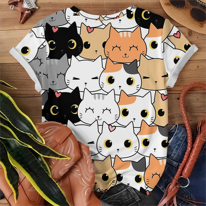 Cute And Playful Cartoon Cat Pattern Women's Fun T-shirt Fashionable And Comfortable White Short Sleeve