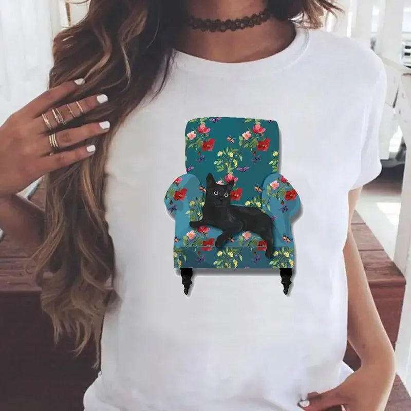 Fashion Women Cartoon Cat Love Pet Lovely Style Shirt Print T-shirts Stylish Short Sleeve Graphic T Top Female Tee T-Shirt