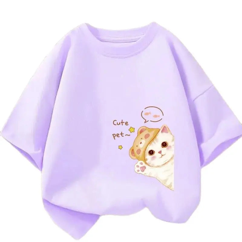 Kids Lovely Cat Pet Animal T Shirt Fashion Summer Girls Cute Casual Top Short Sleeve Tshirts Children Cartoon Graphic Tee