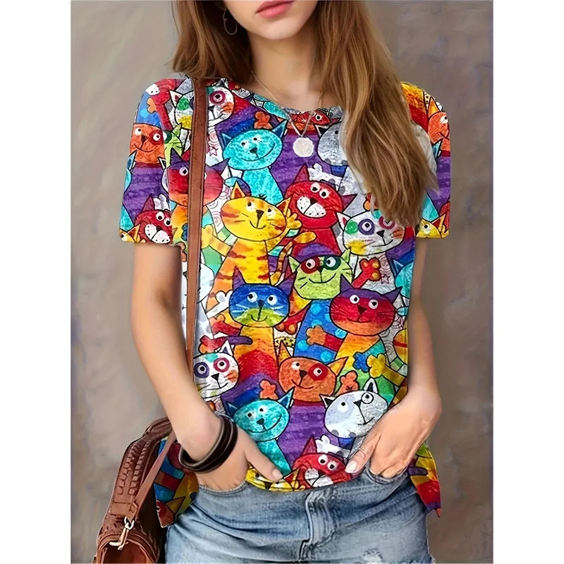 Cat Animal Pattern T-Shirt For Women Easter Egg 3D Printed T Shirts Summer Casual Oversized Tees Round Neck Tops Short Sleeves