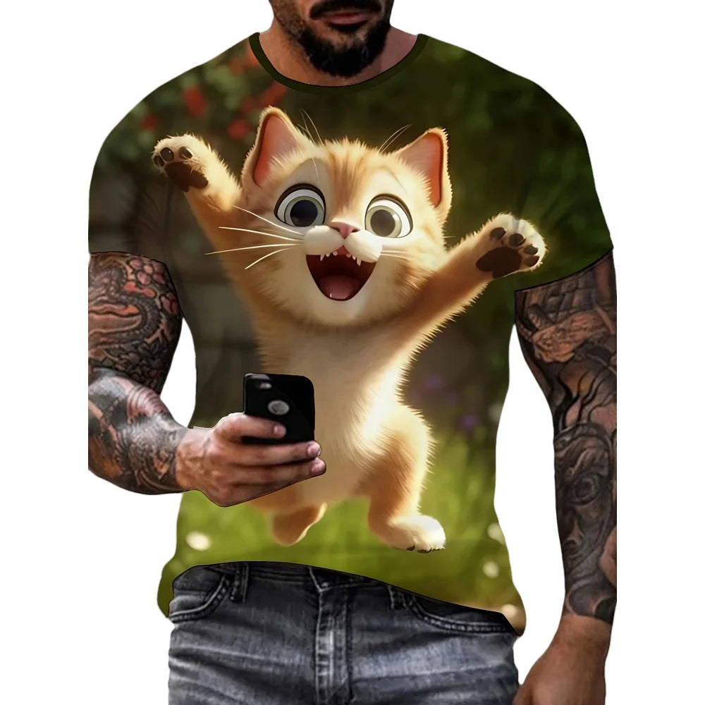 Men's T-Shirt Funny Cat Pattern Cool Printed Men's Short Sleeve Fashion O-Neck T-Shirt Outdoor Casual Lightweight Men's Clothing