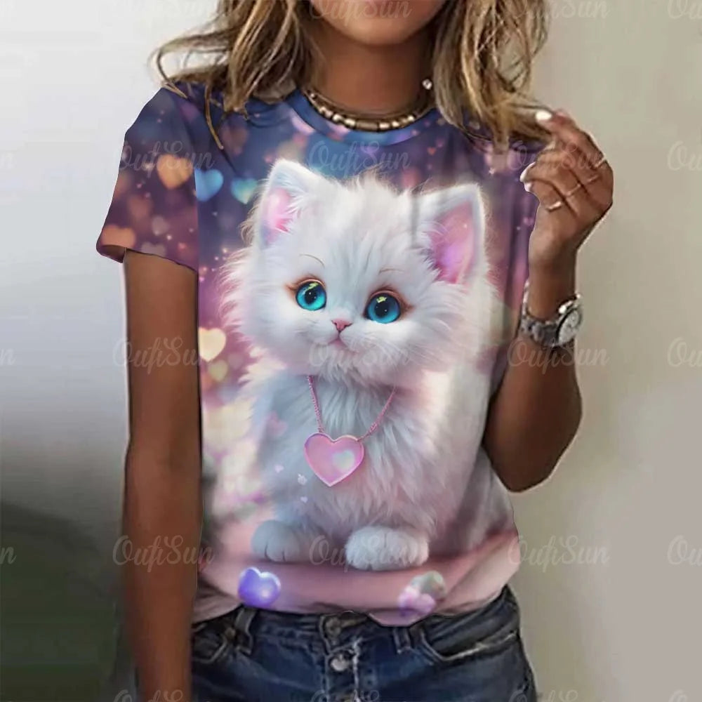 Cute Cat Women's T-Shirt Summer Round Neck Short Sleeved Clothing Christmas Gift Pullover Tops Fashions Animal Casual T-Shirts