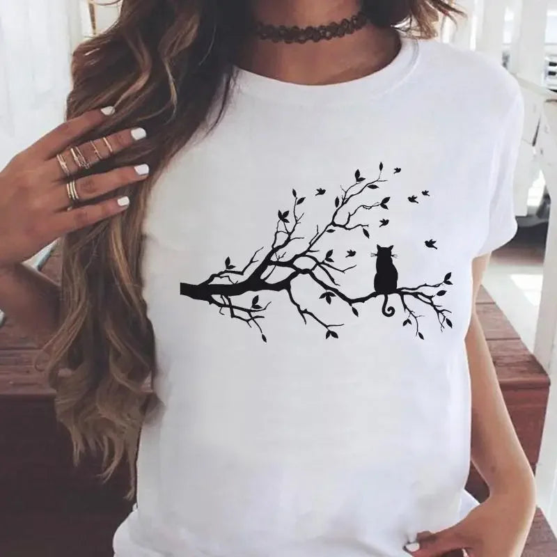 Fashion Women Cartoon Cat Love Pet Lovely Style Shirt Print T-shirts Stylish Short Sleeve Graphic T Top Female Tee T-Shirt
