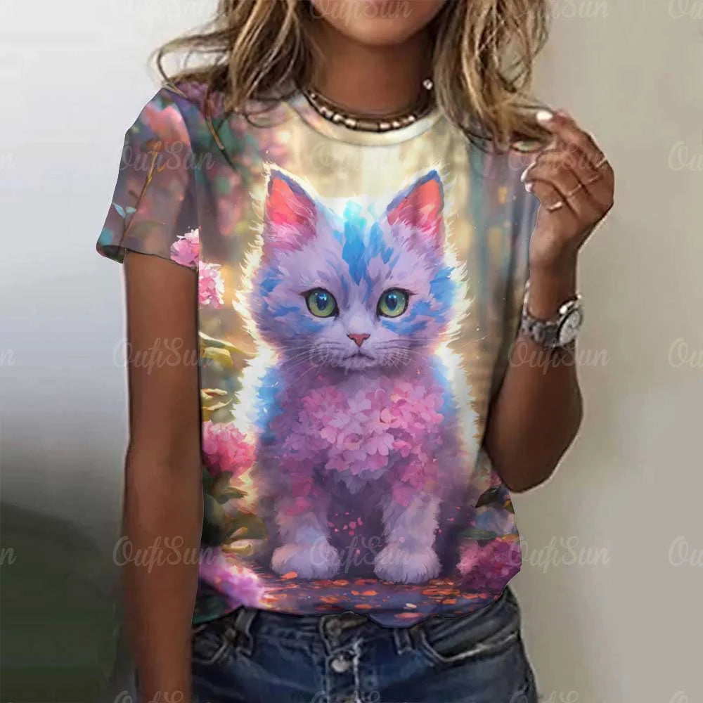 Cute Cat Women's T-Shirt Summer Round Neck Short Sleeved Clothing Christmas Gift Pullover Tops Fashions Animal Casual T-Shirts