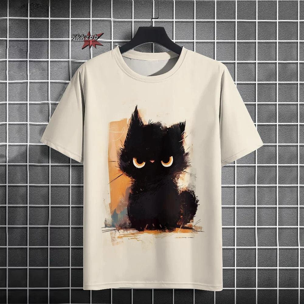 Japanese Ukiyo-E Cute Cat Pattern Round Neck Men's Short Sleeved Daily Oversized T-Shirt Harajuku Y2k T-Shirt T-Shirt Men Top