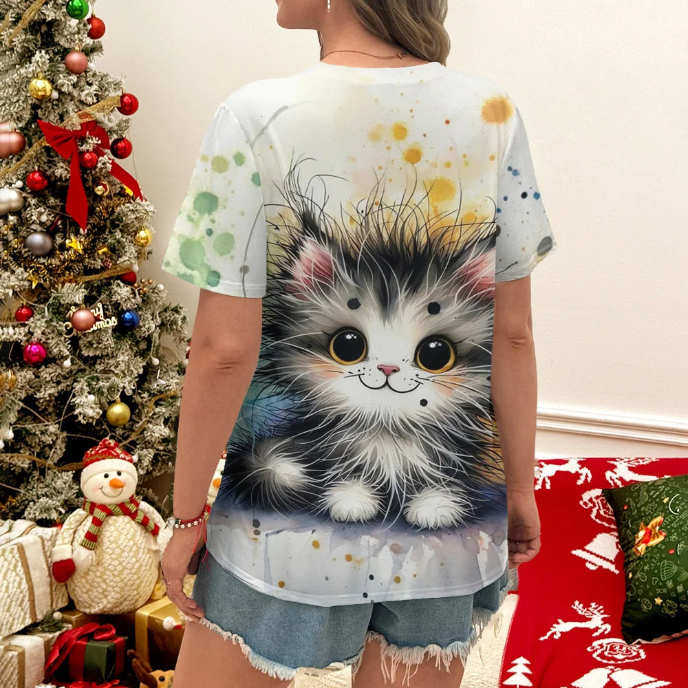 Women's Cute Cat Printed Color T-shirt - Summer Casual Fashion Fit Art Round Neck Short Sleeve