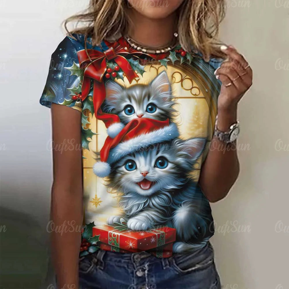 Cute Cat Women's T-Shirt Summer Round Neck Short Sleeved Clothing Christmas Gift Pullover Tops Fashions Animal Casual T-Shirts