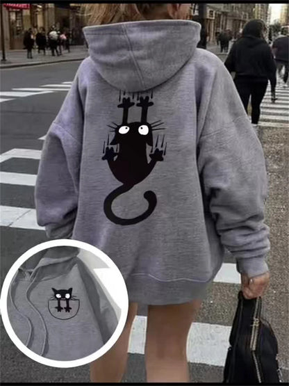 Women's casual hoodie sweatshirt with cute cat pattern print round neck long sleeves for autumn and winter warmth, regular style
