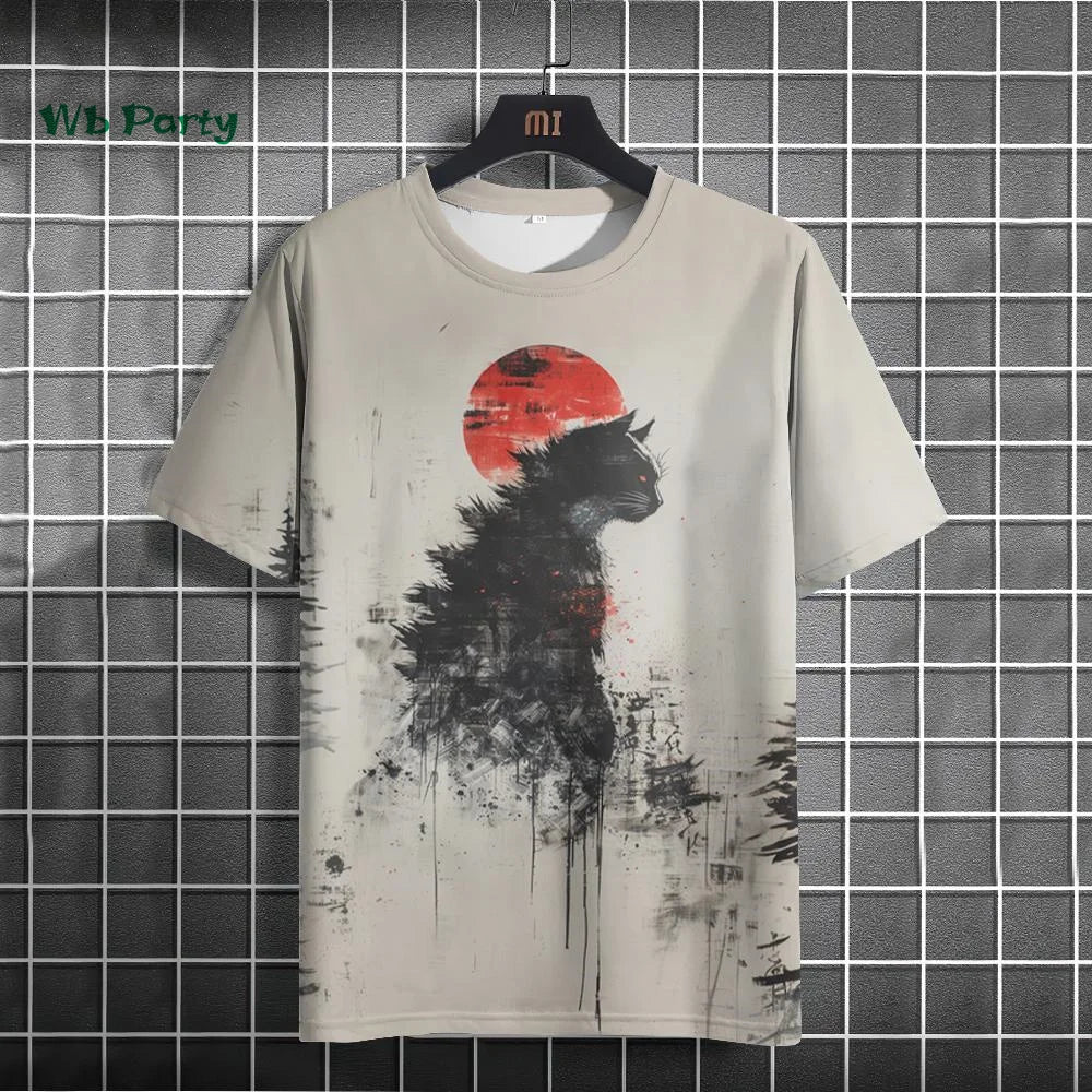 Japanese Men's T-Shirt Ukiyo-E Cat Print Short Sleeve T-Shirt Casual Harajuku Tops Summer Men's Daily Outdoor Oversized Clothing