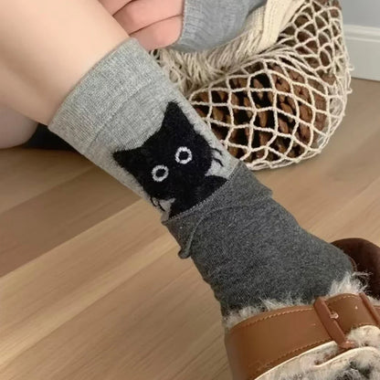 3 Pairs Kits Cat Cartoon Mid-Calf Socks Funny Hide-and-Seek Cute Warm Socks Cotton Women Home Sleep Stockings Black Gray