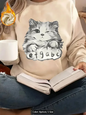Womens Light Grey Sweatshirt Winking Cat Graphic Print Fleece Lined Casual Oversized Pullover Top for Cat Lovers Pure Cotton
