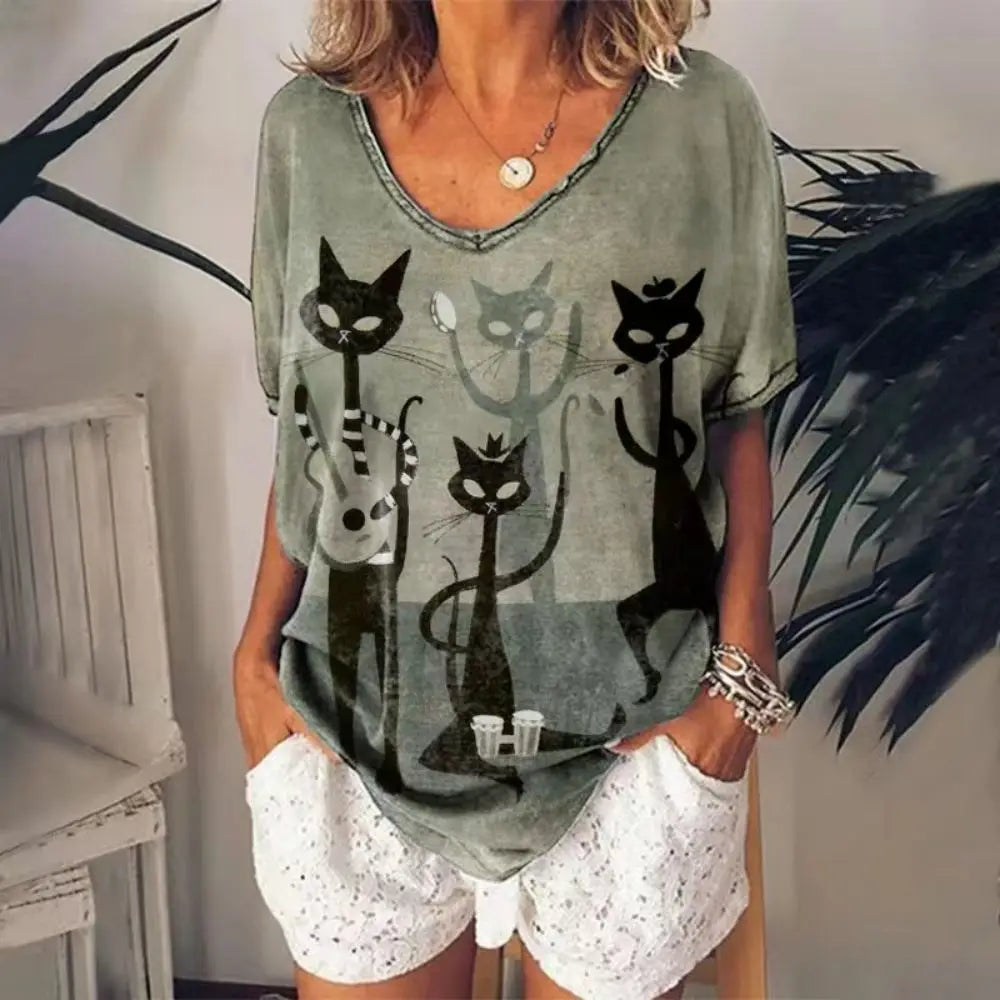 Women's T-shirt Cartoon Cat Print Summer Short Sleeve V-Neck Kawaii Fashion Casual Tee Shirts With Cat Funny Femininity Clothing