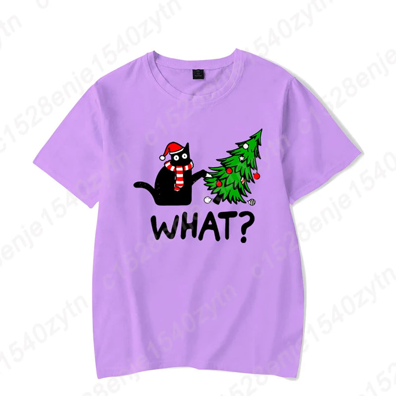 Christmas Black Cat Christmas Tree Print T-shirts Women Summer Short Sleeve Round Neck Loose T-Shirts Creative Personalized Tops