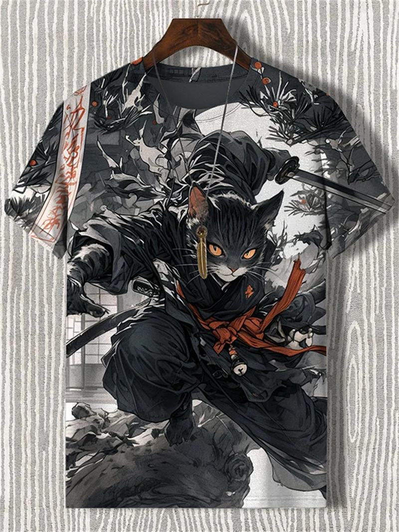 Japanese Style Samurai Cat Graphic T Shirt For Men Causal 3D Printed O Neck Short Sleeve Tees Outdoor Oversize Men Clothing Tops
