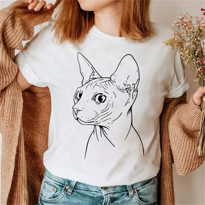 Summer Shirt Casual Clothing Graphic T Shirt Short Sleeve Women Sphinx Cat Fashion Clothes Tee T-shirt Female Tops Camisas Mujer