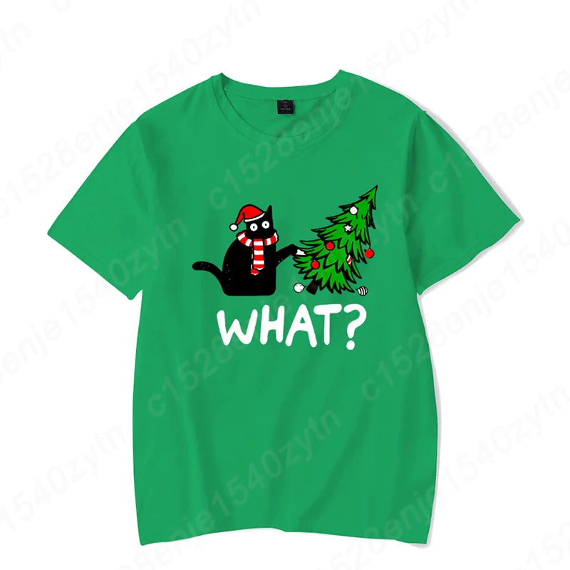 Christmas Black Cat Christmas Tree Print T-shirts Women Summer Short Sleeve Round Neck Loose T-Shirts Creative Personalized Tops