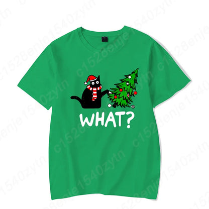 Christmas Black Cat Christmas Tree Print T-shirts Women Summer Short Sleeve Round Neck Loose T-Shirts Creative Personalized Tops