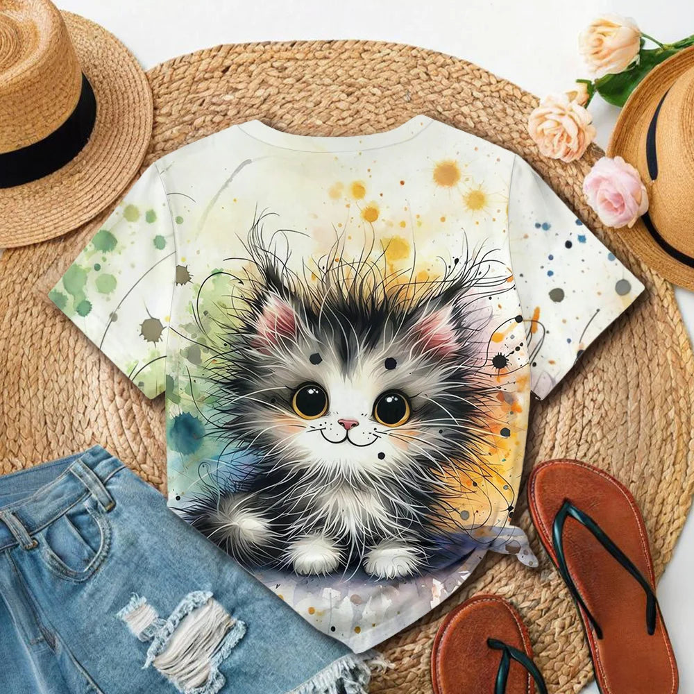 Women's Cute Cat Printed Color T-shirt - Summer Casual Fashion Fit Art Round Neck Short Sleeve