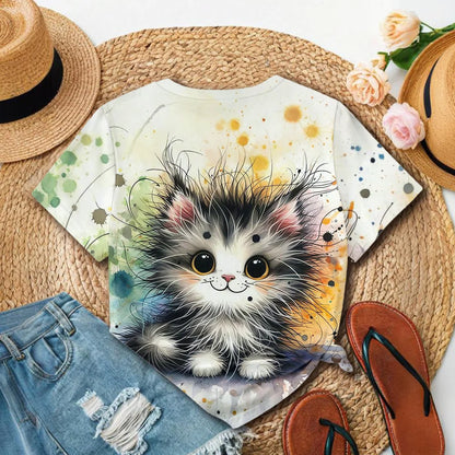 Women's Cute Cat Printed Color T-shirt - Summer Casual Fashion Fit Art Round Neck Short Sleeve