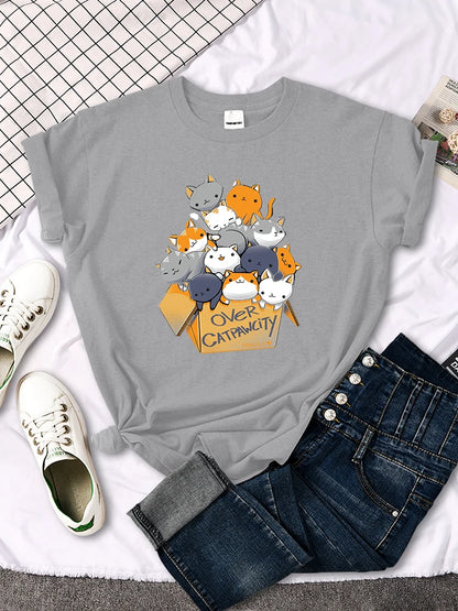Womany Cats Gathered In The Printing Woman Tshirt Leisure Creativity T Shirt Summer Newtop Crewneck Breathable Woman T Shirts