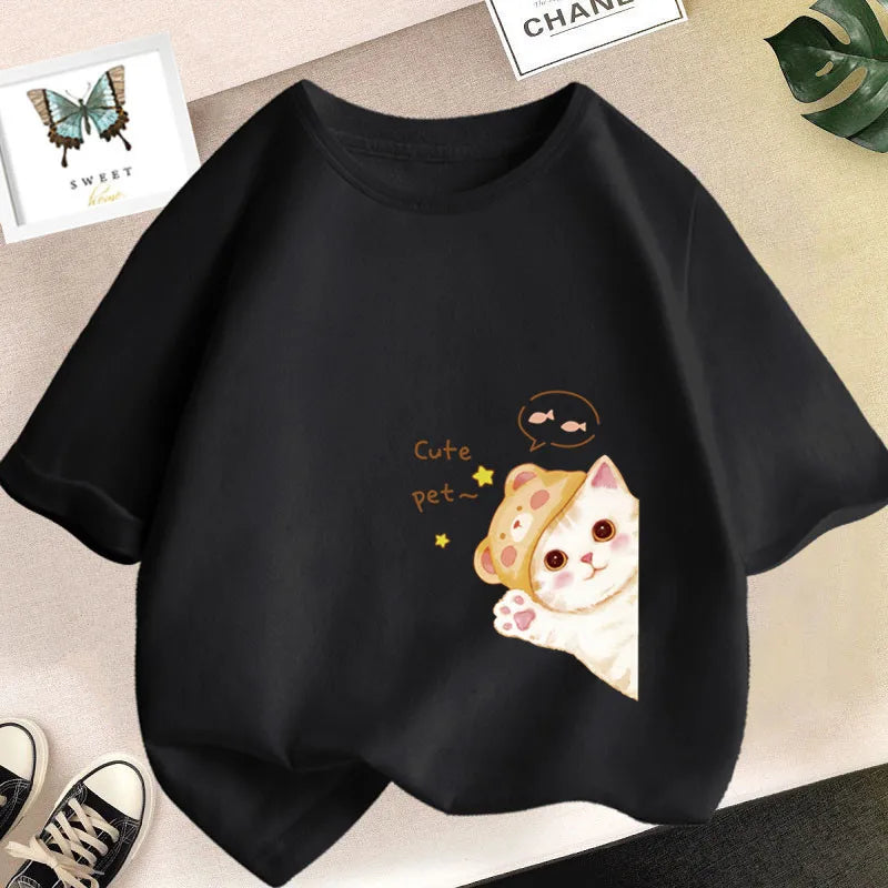 Kids Lovely Cat Pet Animal T Shirt Fashion Summer Girls Cute Casual Top Short Sleeve Tshirts Children Cartoon Graphic Tee