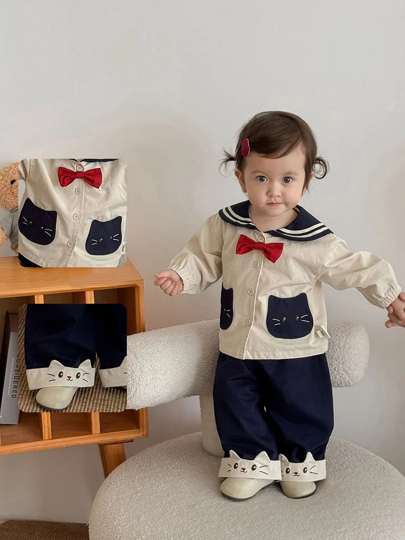 MILANCEL New Autumn Kids Clothes 9M-5T Sweet Cartoon Cat Girls Navy Style Coat +Wide Leg Pants Loose Korean Children Outfit 2PCS