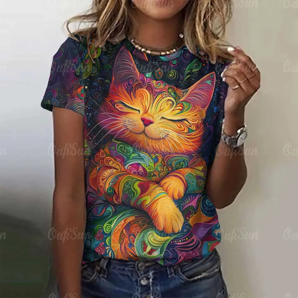 Cute Cat Women's T-Shirt Summer Round Neck Short Sleeved Clothing Christmas Gift Pullover Tops Fashions Animal Casual T-Shirts