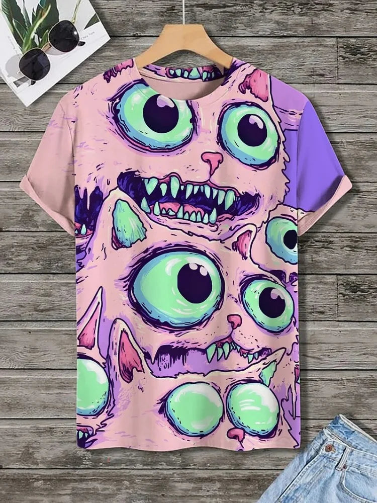Men's Funny Animal Printed T-Shirt Summer Short Sleeved Tees Tops Fashion Cat 3D Print Crew Neck Casual Oversized Men's Clothing