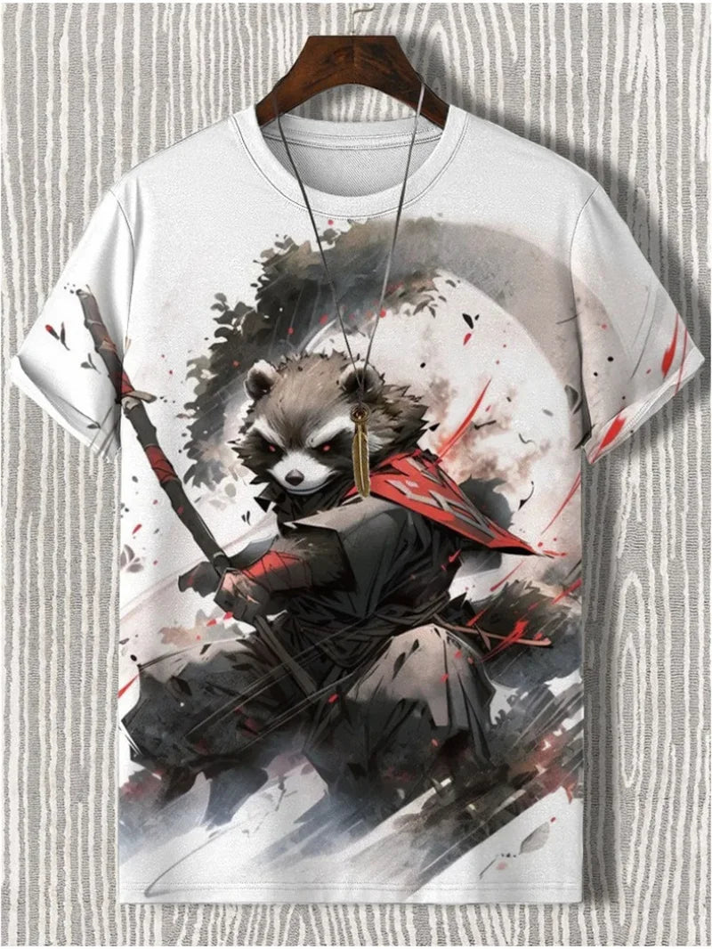 Japanese Style Samurai Cat Graphic T Shirt For Men Causal 3D Printed O Neck Short Sleeve Tees Outdoor Oversize Men Clothing Tops