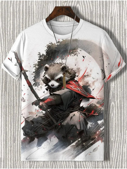 Japanese Style Samurai Cat Graphic T Shirt For Men Causal 3D Printed O Neck Short Sleeve Tees Outdoor Oversize Men Clothing Tops