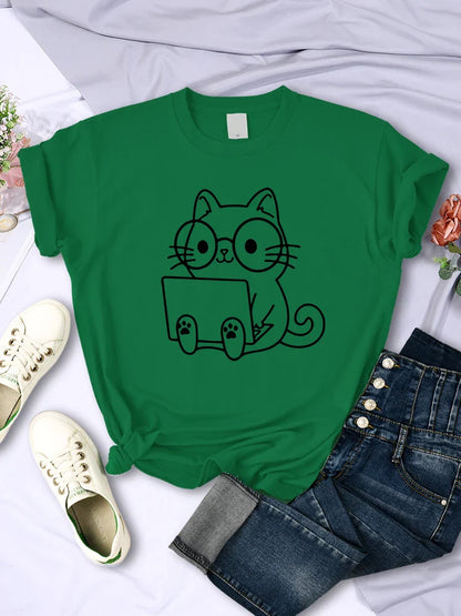 Careful Study Of Work Cat Sketches Women T-Shirt Personality Trend Casual Tee Clothing Street Creative Tops Female Short Sleeve