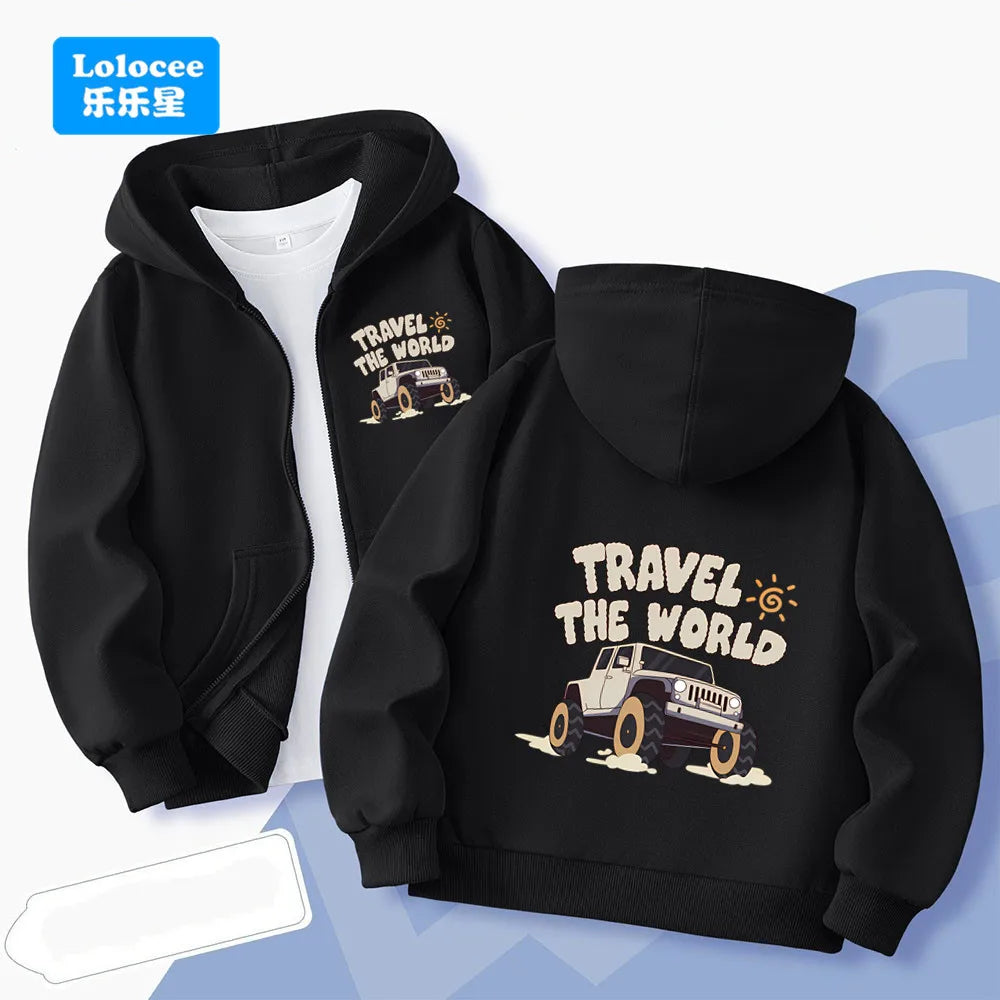 Cute Black Cat Print Zip-up Jacket Spring Boys Hooded Sweatshirt Cartoon Zipper Coat Autumn Kids Outdoor Hoodie Clothing MKA1