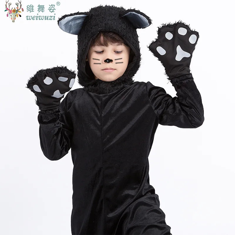 Children's Day Black Cat Cosplay Kids Costume Cute Kitten Animal Onesie Gloves Hat Suit Suitable for Stage Show Halloween Party