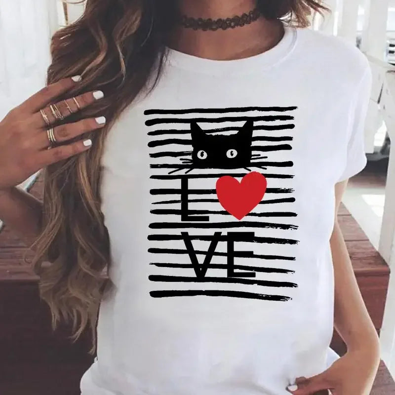 Fashion Women Cartoon Cat Love Pet Lovely Style Shirt Print T-shirts Stylish Short Sleeve Graphic T Top Female Tee T-Shirt