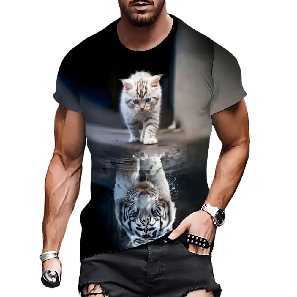 Men's T-Shirt Funny Cat Pattern Cool Printed Men's Short Sleeve Fashion O-Neck T-Shirt Outdoor Casual Lightweight Men's Clothing