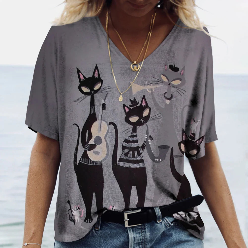 Women's T-shirt Cartoon Cat Print Summer Short Sleeve V-Neck Kawaii Fashion Casual Tee Shirts With Cat Funny Femininity Clothing