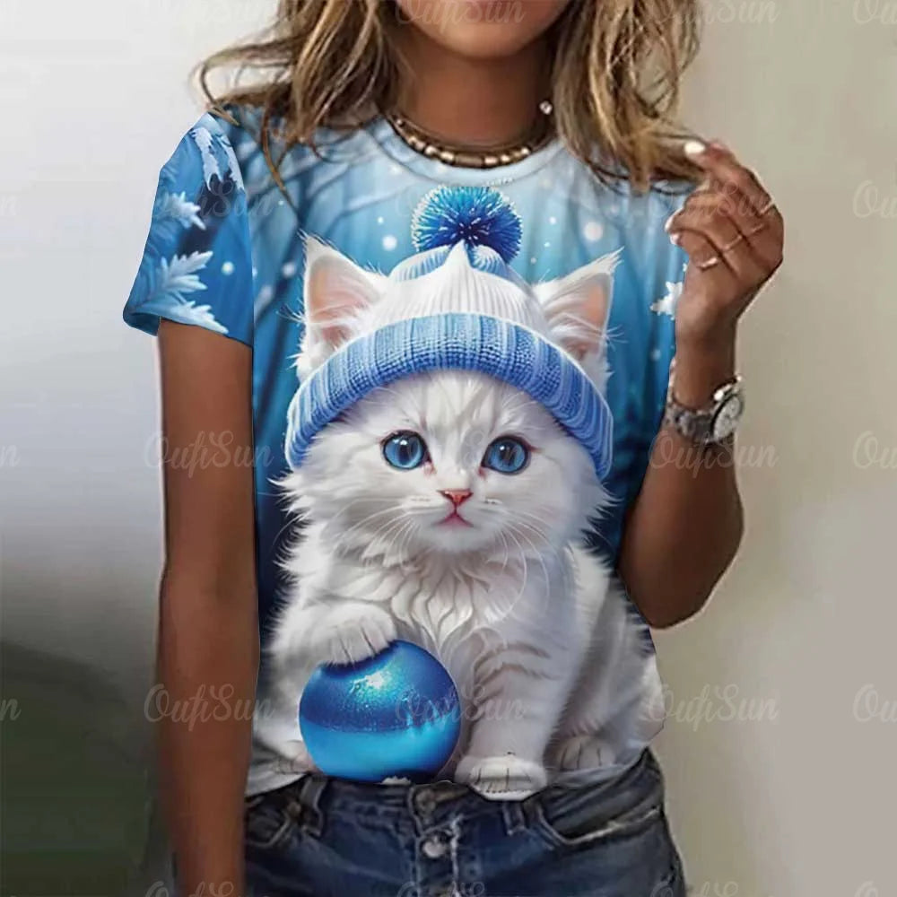 Cute Cat Women's T-Shirt Summer Round Neck Short Sleeved Clothing Christmas Gift Pullover Tops Fashions Animal Casual T-Shirts
