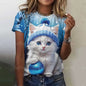 Cute Cat Women's T-Shirt Summer Round Neck Short Sleeved Clothing Christmas Gift Pullover Tops Fashions Animal Casual T-Shirts