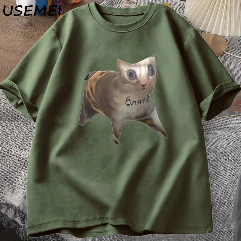 Russian Cat Meme T-shirts Funny Graphic Print Cat T Shirt Women Men Casual Cotton T-shirt Unisex Oversized Tee Shirt Man Clothes