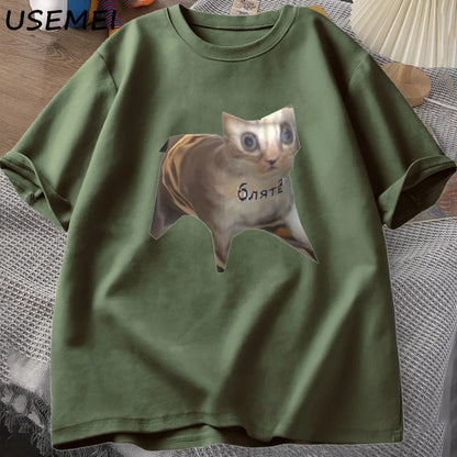 Russian Cat Meme T-shirts Funny Graphic Print Cat T Shirt Women Men Casual Cotton T-shirt Unisex Oversized Tee Shirt Man Clothes