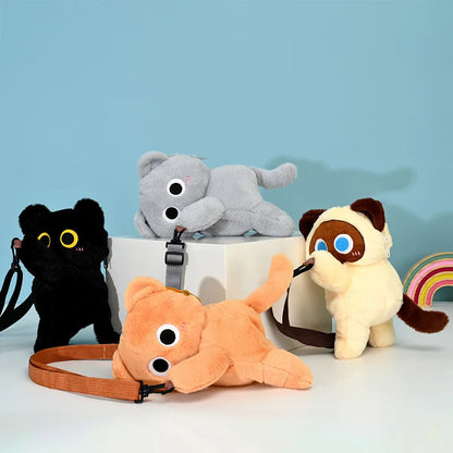 Cute Black Cat Plush Backpack Crossbody Bag Kawaii Fluffy Kitten Key Pendant Stuffed Animal Shoulder Bag Girl Gift Car Key Ring