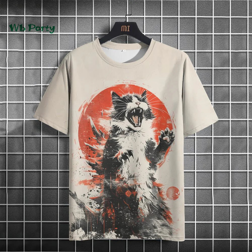 Japanese Men's T-Shirt Ukiyo-E Cat Print Short Sleeve T-Shirt Casual Harajuku Tops Summer Men's Daily Outdoor Oversized Clothing