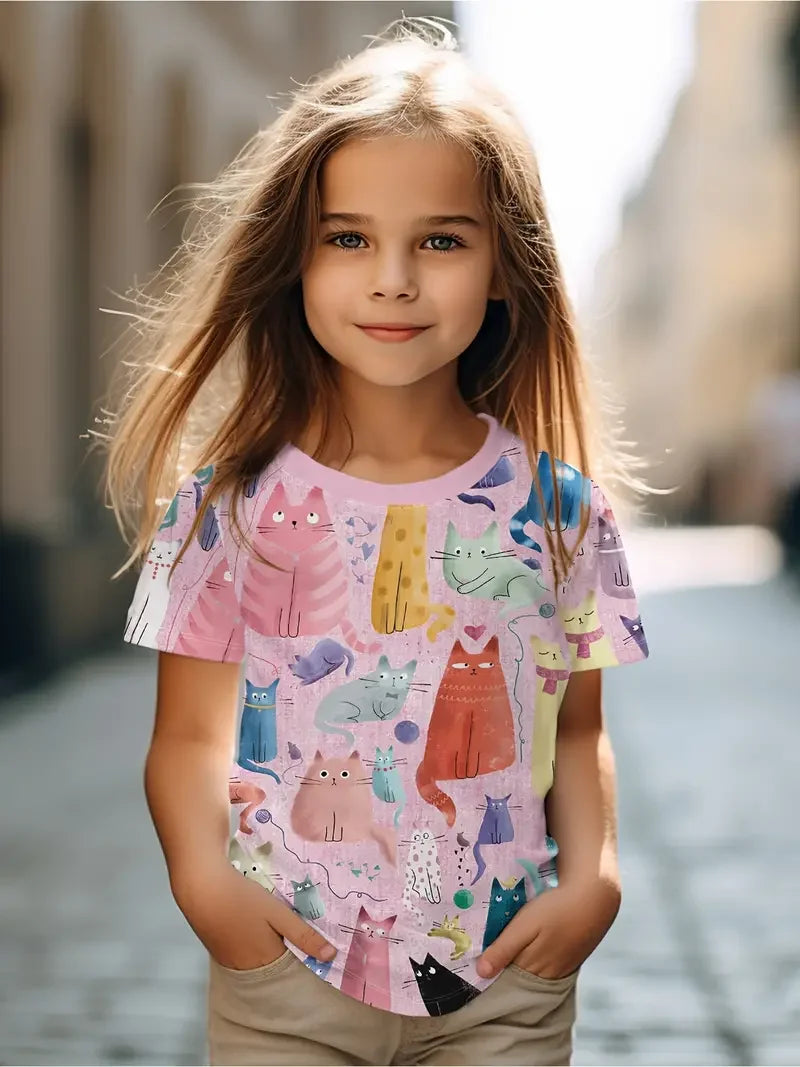 Kids Clothes Children's T-Shirt Girl Short Sleeve Top Cartoon Cat Kawaii Girls Summer Clothes Child T-Shirt  Children's Clothing
