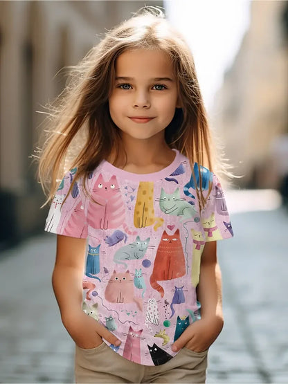 Kids Clothes Children's T-Shirt Girl Short Sleeve Top Cartoon Cat Kawaii Girls Summer Clothes Child T-Shirt  Children's Clothing