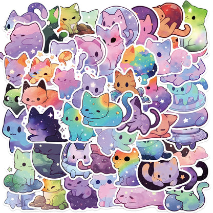 50Pcs Cute Aesthetic Cat Cartoon Rainbow Starry Sky Cat Stickers, Waterproof Stickers for Water Bottle, Laptop, Phone,