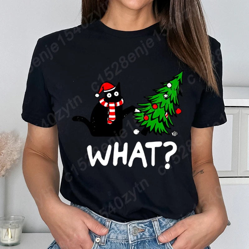 Christmas Black Cat Christmas Tree Print T-shirts Women Summer Short Sleeve Round Neck Loose T-Shirts Creative Personalized Tops