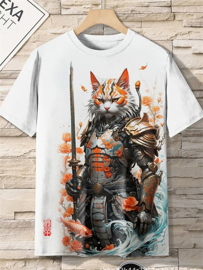 Japanese Style Samurai Cat Graphic T Shirt For Men Causal 3D Printed O Neck Short Sleeve Tees Outdoor Oversize Men Clothing Tops