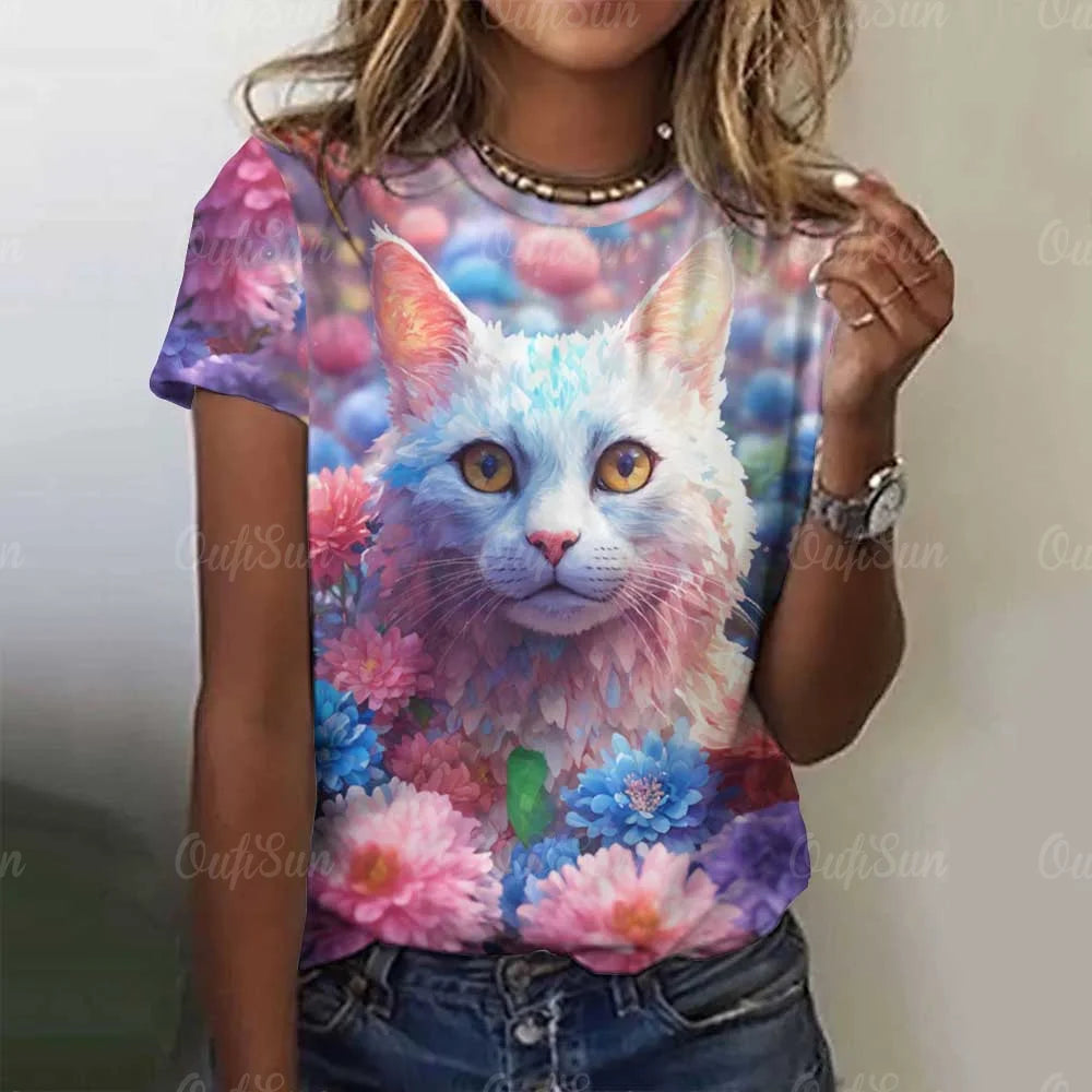 Cute Cat Women's T-Shirt Summer Round Neck Short Sleeved Clothing Christmas Gift Pullover Tops Fashions Animal Casual T-Shirts