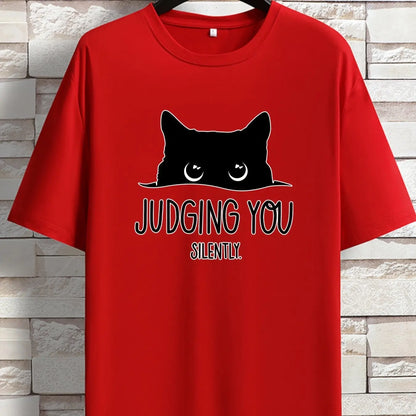JUDGING YOU SILENTLY' Cat Print Loose T-shirt, Women Short Sleeve Crew Neck Tops, Casual Clothing for Spring Summer