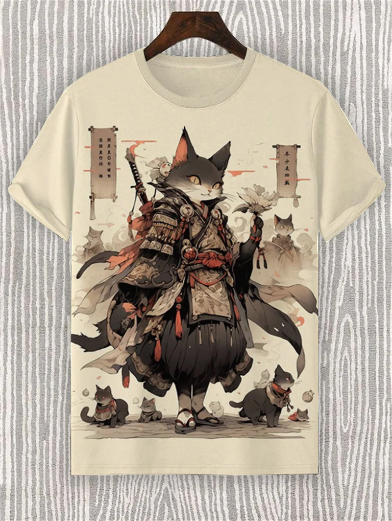 Japanese Style Samurai Cat Graphic T Shirt For Men Causal 3D Printed O Neck Short Sleeve Tees Outdoor Oversize Men Clothing Tops